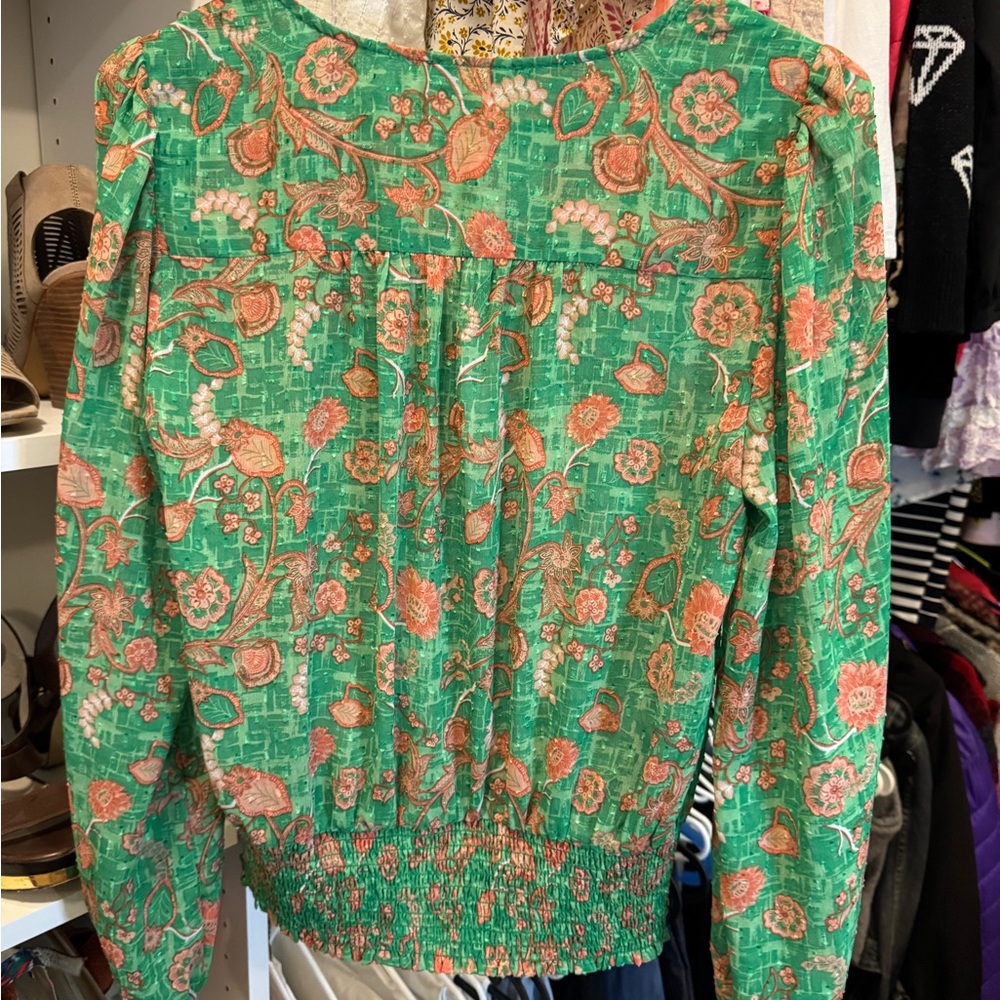 green long sleeve green pink floral blouse office date size med - Picture 11 of 11